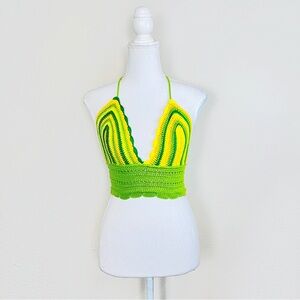 Green & Yellow Scalloped Crochet Lace Tie Neck Halter Crop Top